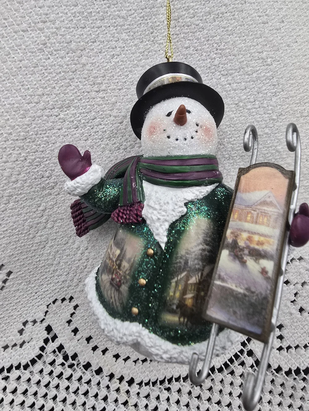 Thomas Kinkade Green and White Snowman Ornament with Purple Accents